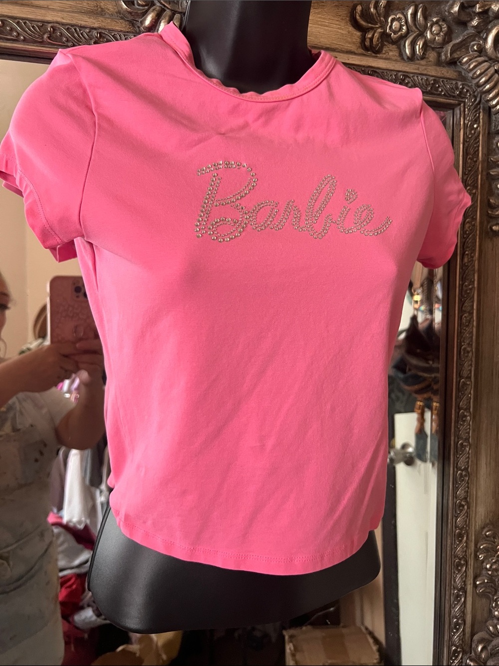 Barbie Pink Rhinestone Logo Crop Tee